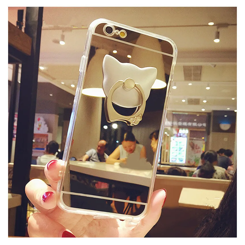 

Soft TPU Mirror Case with 360 Degree Cat Ear Finger Ring Stand Phone Holder Cover for iPhone Xs Max 5s SE 6 6s 7 8 plus