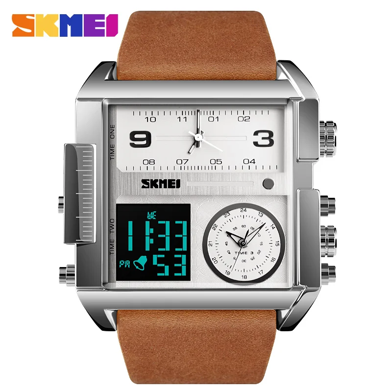 Brown silver SKMEI мужские цифровые часы Модные Бизнес наручные часы Роскошные хронограф светящийся электронный браслет мужские часы 3 времени часы - Цвет: Brown silver