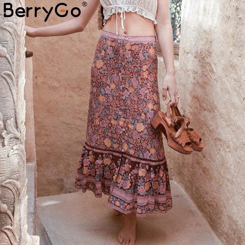 BerryGo Bohemian high waist long skirt Women beach loose summer skirt elegant Vintage floral print mermaid ruffled skirt female