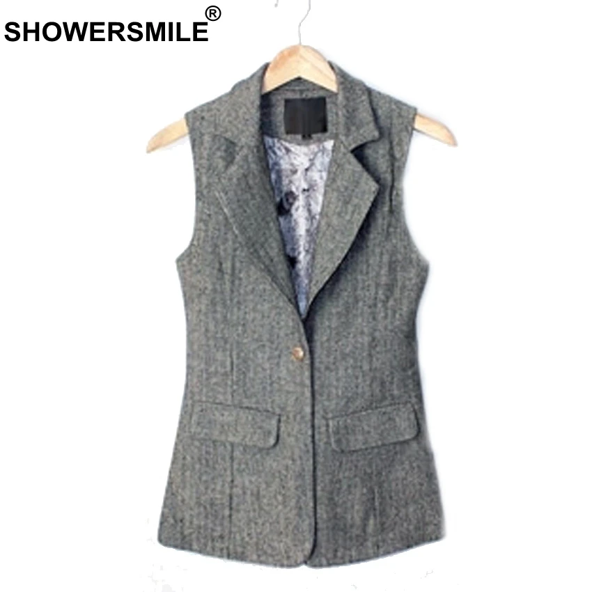 SHOWERSMILE Women Long Woolen Suit Vest Coffee Female Sleeveless Jacket Coat Herringbone British Style Waistcoat With Belt 2018