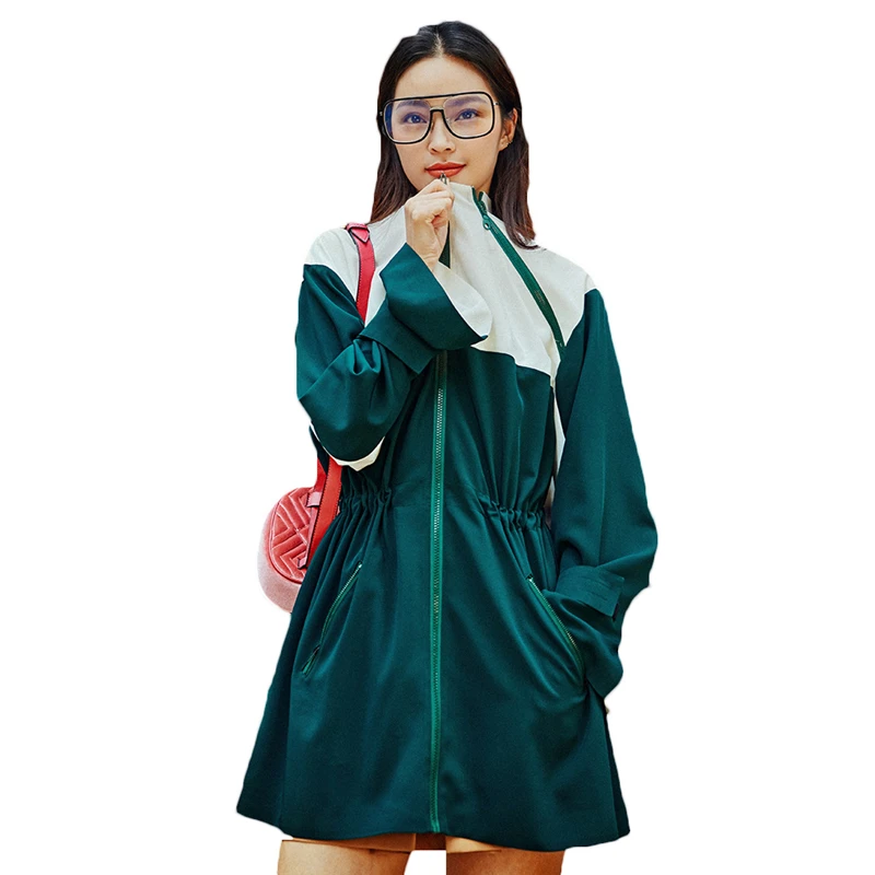 

2019 New Star Street Fashion Casual Dark Green Mixed Colors Long Windbreaker Coat Women Spring Autumn Jackets A274