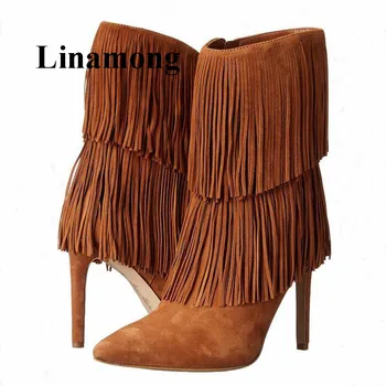 

2018 Hotteest Fringe High Heel Pointed Toe Fashion Flock Solid Ankle Boots Winter Side Zippere Women Boots Normal Size