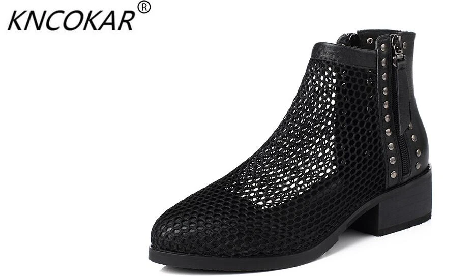 

KNCOKAR New Mesh Veil Breathable Hole In The Thick Heel Shoes Temperament True Cowhide High-Top Ladies High Heels 34-43