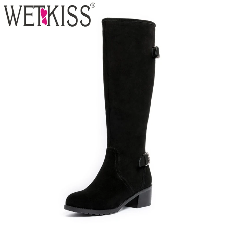 

WETKISS Fashion Knight Boots Short Plush Cow Suede Full Leather Knee Boots Winter Buckle Strap Zipper Square Heels Women Shoes