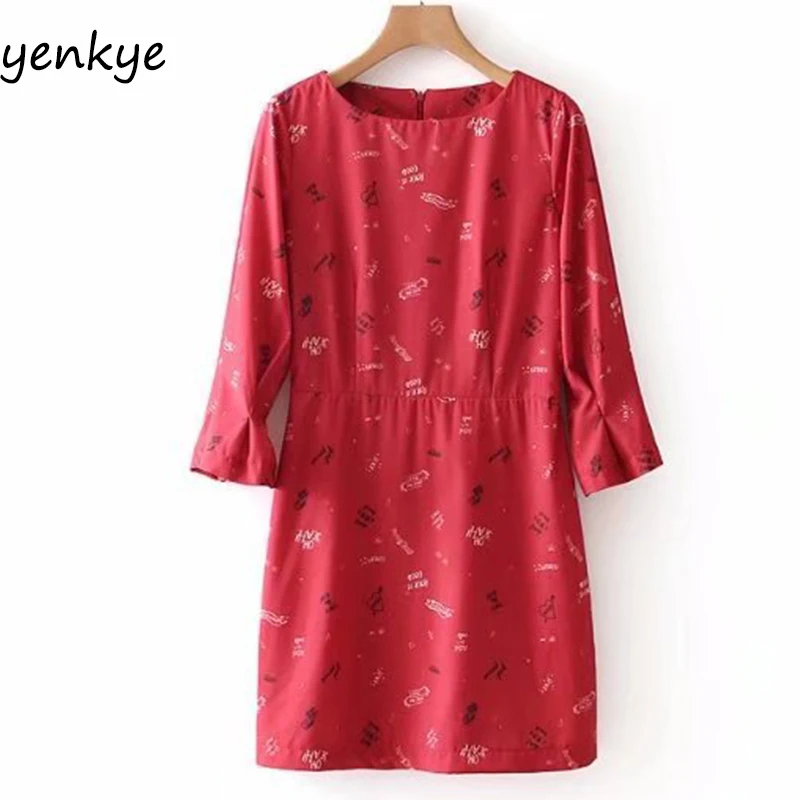 

Summer Women Red Graffiti Printed Dress Lady O Neck Half Sleeve Short Dress vestidos mujer OZZ8636