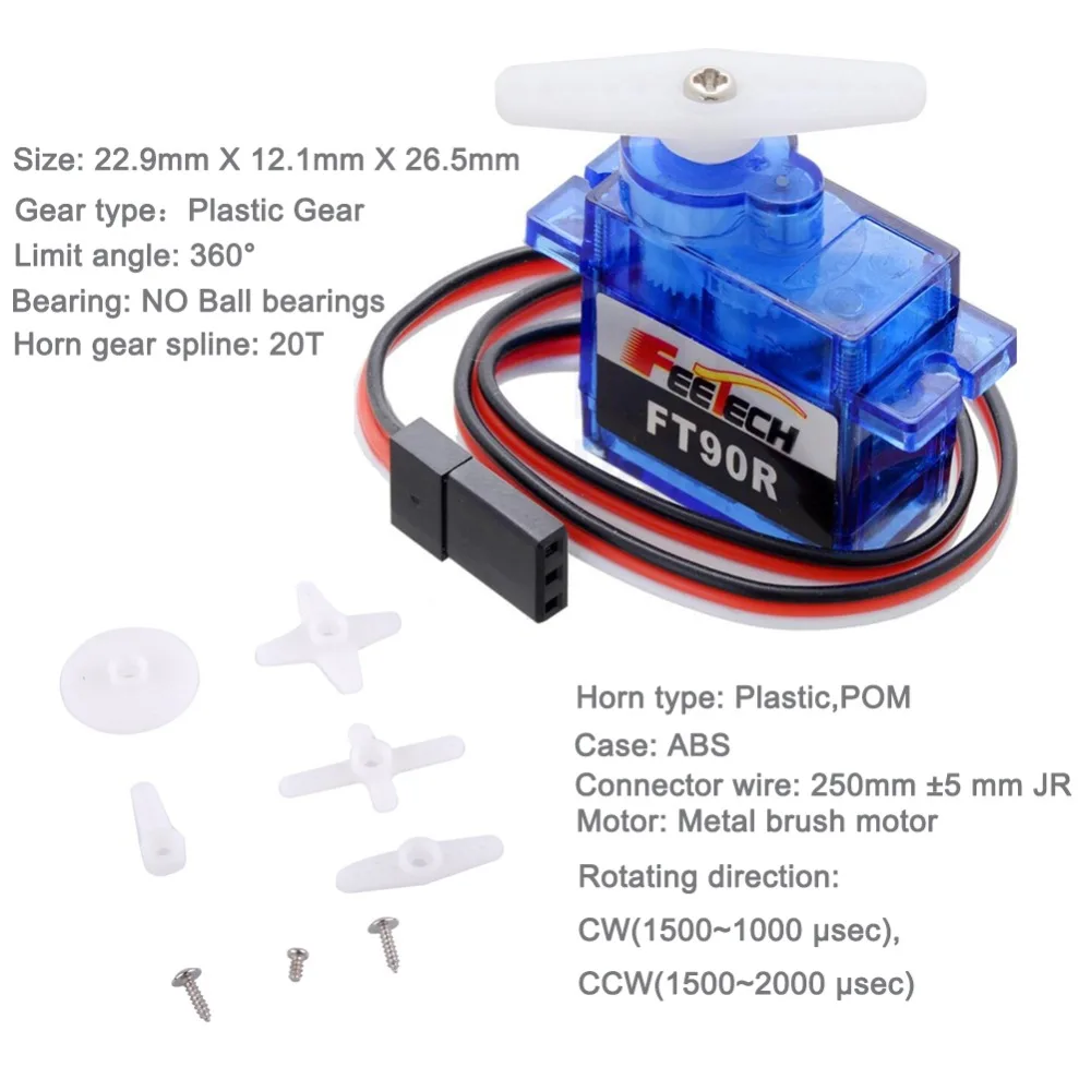 4 шт. Feetech FT90R 9g 360 градусов непрерывное вращение микро RC Servo 6V 1,5 кг PWM для беспилотного автомобиля, лодки, робота FZ3328