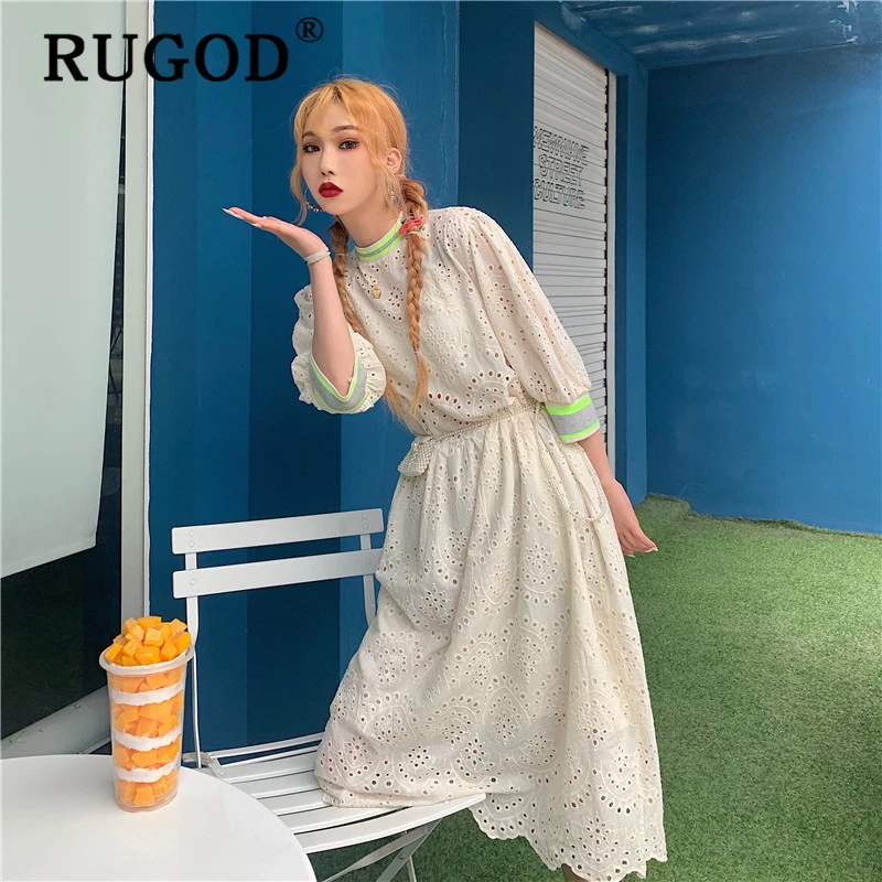 

RUGOD Korean chi hollow out summer dress women Fashion lace embroidery beach party midi dresses vestidos Elegant Ruffles dress