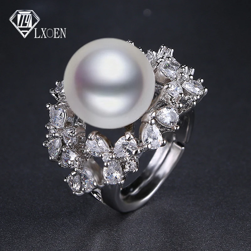 Lxoen Мода крупный искусственный жемчуг кольцо с яркими CZ камень с украшением в виде кристаллов Для женщин обручальное кольцо в стиле «Бохо Винтаж Ювелирное Украшение Bijoux Femme De Marque