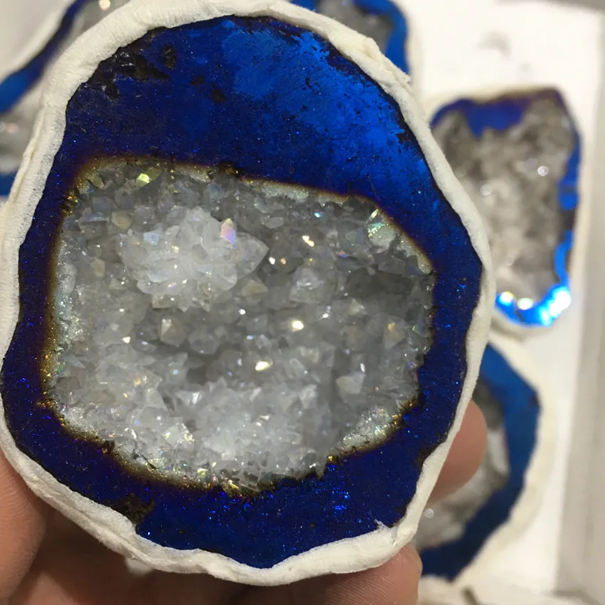 Энергия натуральные камни и минералы образец синий Гальванизированный Кристалл Друза драгоценный камень геодная медитация Исцеление как подарок