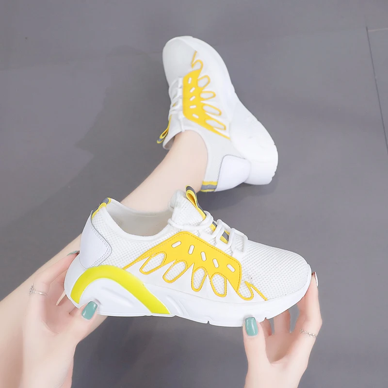 

BZBFSKY Women Sneakers Ladies Summer Casual Knitting Flats Shoes Breathable Air Mesh Yellow Platform Shoes Chunky Platform