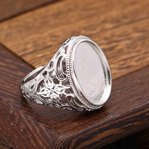 

Art Nouveau 14x19mm Oval Cabochon Engagement Wedding Semi Mount Ring Sterling Silver 925 White Gold Color