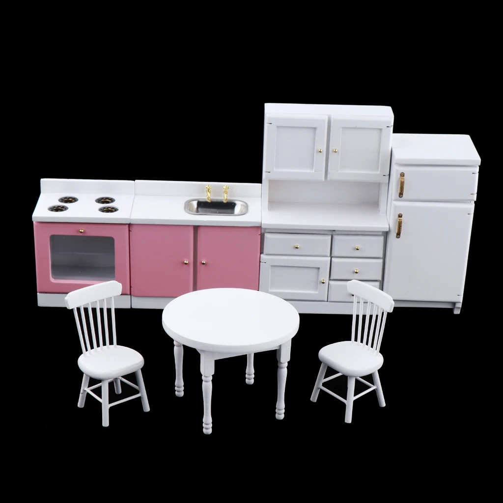 1/12 Scale Miniature Dollhouse Kitchen Furnitures Set Refrigerator, Table and Chairs, Cabinet, Countertop Decor