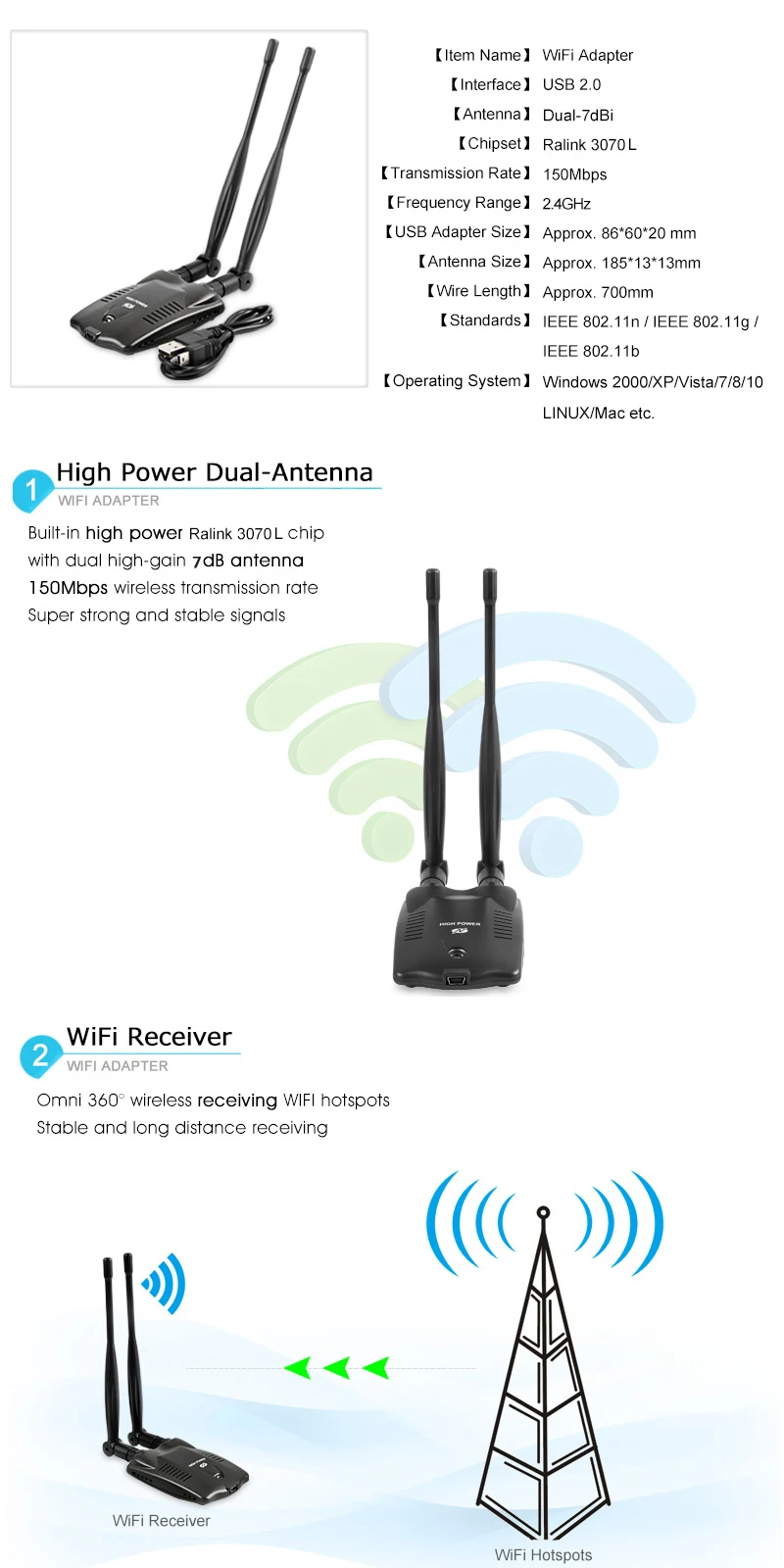 Беспроводной USB адаптер высокой мощности 150 Мбит/с двойная Wifi антенна Wifi приемник Ralink 3070L чипсет USB сетевая карта для рабочего стола