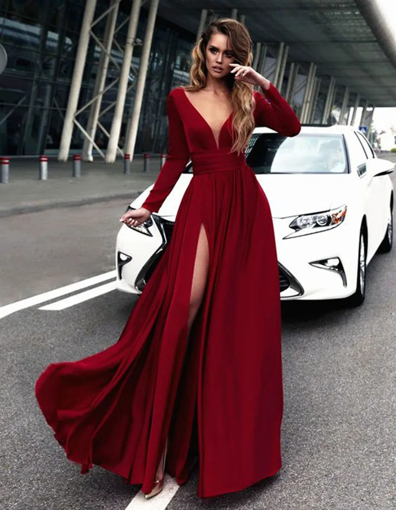 Full Sleeves Prom Dresses Chiffon 2020 Black Green Long Deep V Neck Sexy High Split Floor Length Evening Gown Walk Beside You