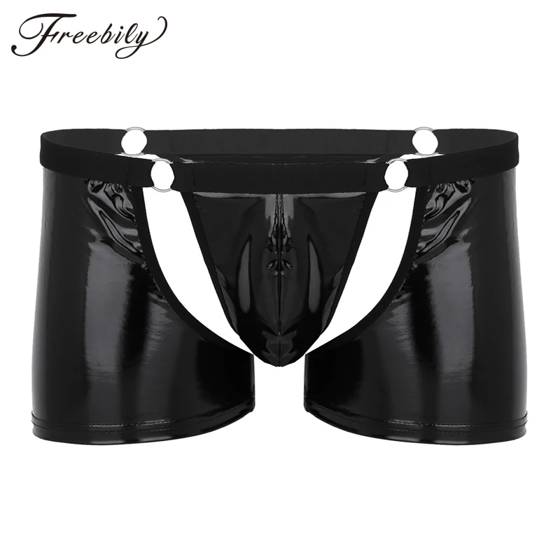 Black Mens Lingerie Wetlook Soft Faux Leather Cut Out Bulge Pouch Low Rise Boxer Shorts Underwear Perfect for lingerie night |
