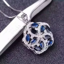 Натуральный Синий Сапфир кулон S925 серебро Природный камень кулон Цепочки и ожерелья модный роскошный круглый огонь колесо женщин подарок ювелирные изделия