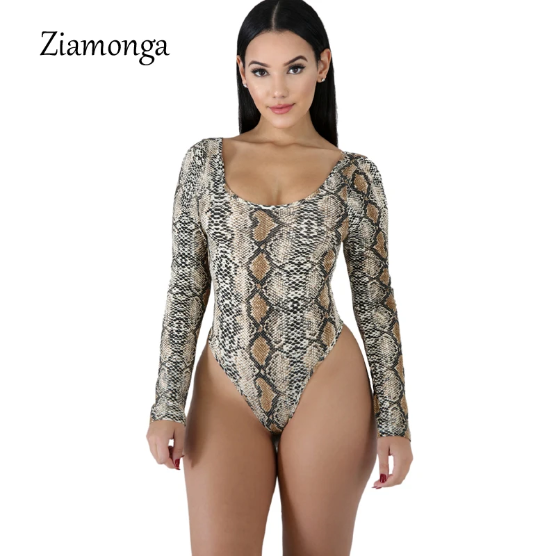 

Ziamonga Snake Print Long Sleeve O-Neck Bodysuit 2019 Autumn Winter Women Sexy Stretch Snakeskin Body Suit Swinsuit Overalls