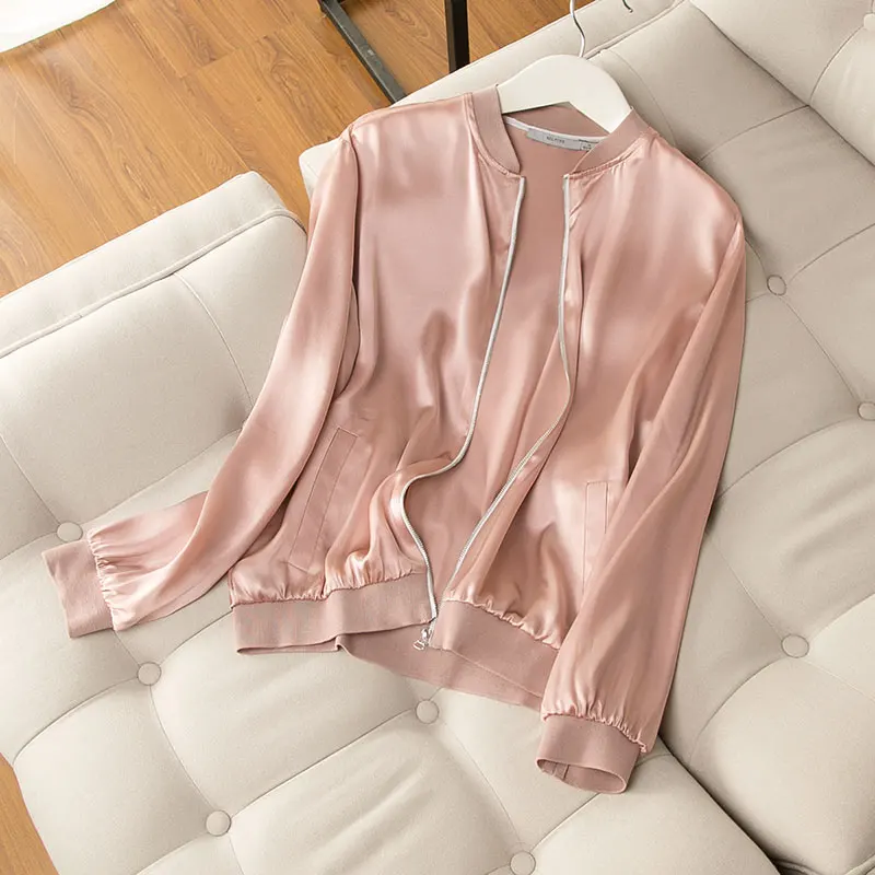 SuyaDream женский шелковый жакет 19 мм шелк атлас розовый однотонный жакет на молнии осень зима верхняя одежда