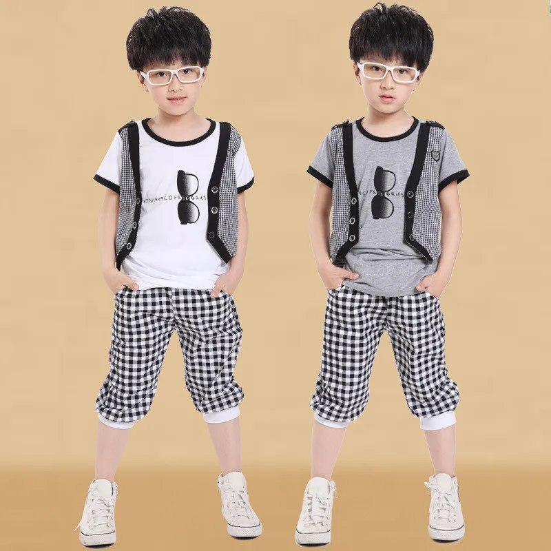 New Summer Children Glasses Short Sleeve Clothes Sets Boys Kids Plaid ...