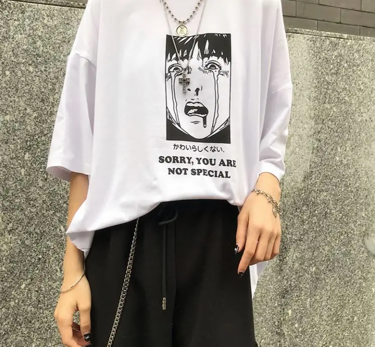 

Japanese Letter Horror Cry Character Cartoon Print Korean Harajuku Ulzzang Oversized Loose T-shirt T Shirt Tee Top Hip Hop Basic