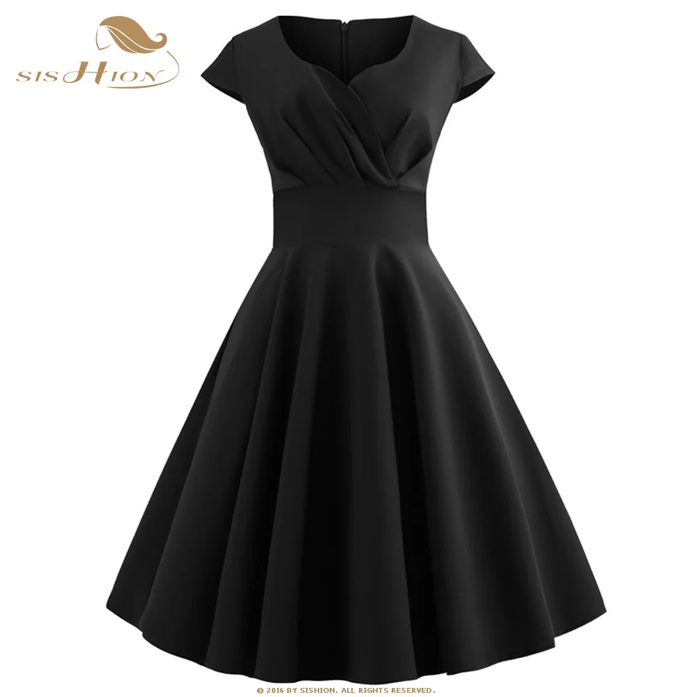 SISHION летнее Ретро женское платье с v-образным вырезом SP0108 Повседневные платья ярких цветов женские винтажные платья для вечеринок - Цвет: Black