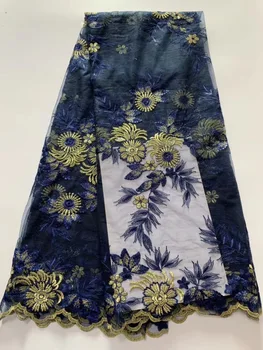 

High quality royal blue gold line African lace fabric french tulle lace fabric 2019 latest arrival hot sale 5 yards for dress