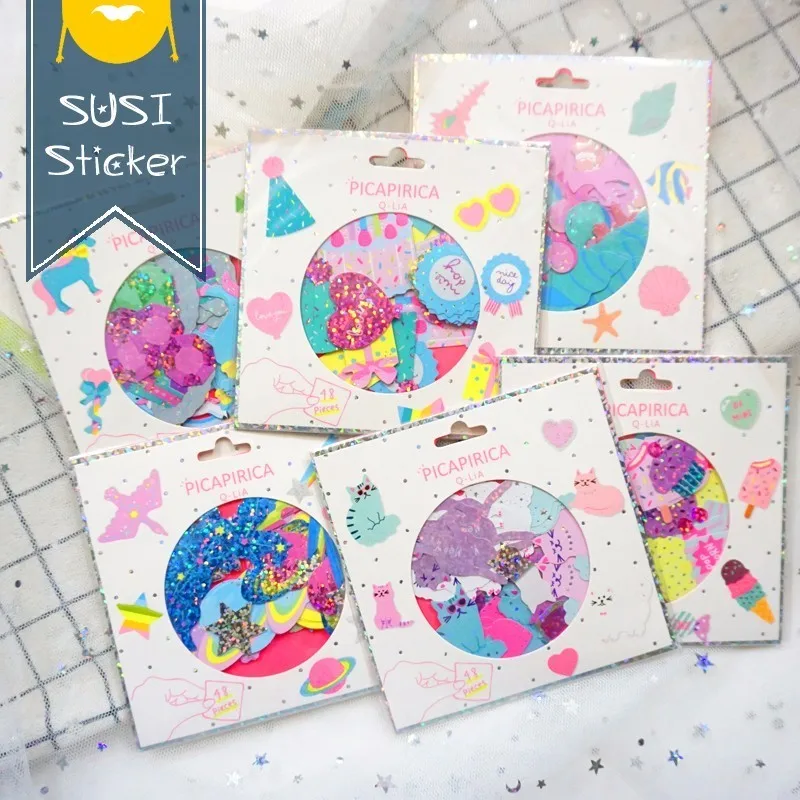 

48pcs Colorful Mini Laser Fluorescent Paper Sticker Beautiful Ocean Universe Animal Theme Decorative Sticker Children Gift