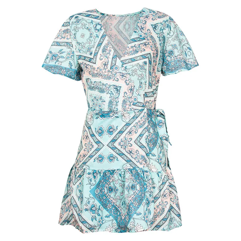 New Style Womens Boho Holiday Beach Mini Bandage Dress Ladies Floral Ruffled V-Neck Party Girls Simple Clothes Femme 40FE18 (1)