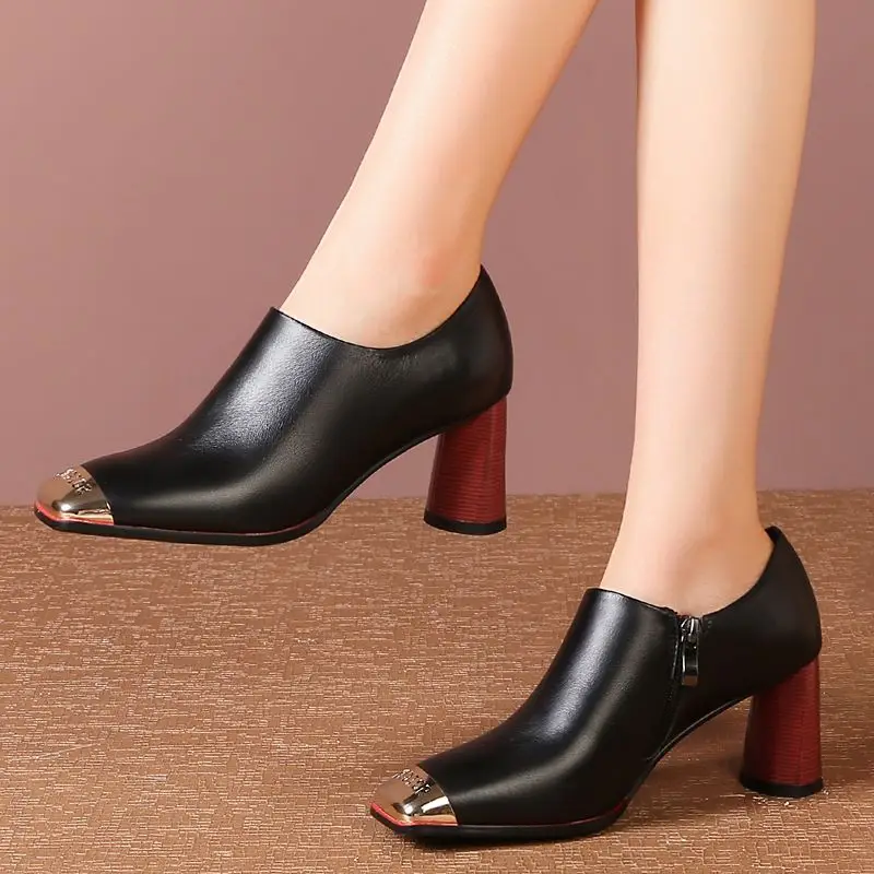 ALLBITEFO/женские пикантные туфли из натуральной кожи на высоком толстом каблуке с квадратным носком на молнии; Лидер продаж; брендовые весенние туфли на высоком каблуке для девочек