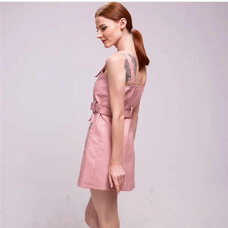 Женское мини-платье из искусственной кожи, Осеннее Сексуальное Женское Платье на молнии с v-образным вырезом и ремнем, осень, сексуальное Розовое женское платье без рукавов