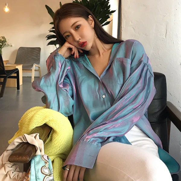 RUGOD Корейская шикарная элегантная градиентная рубашка Женская мода отложной воротник длинный рукав блузки женские топы кимоно Харадзюку - Цвет: Синий