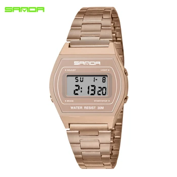 

SANDA Luxury Brand Sport Watch Women LED Digital Ladies Watches Rose Gold Stainless Steel Bracelet Waterproof Clock montre femme