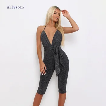 

Women Sexy Summer Fashion Button V neck Halter Jumpsuits Halter Bright Backless Belts Playsuits Clothing