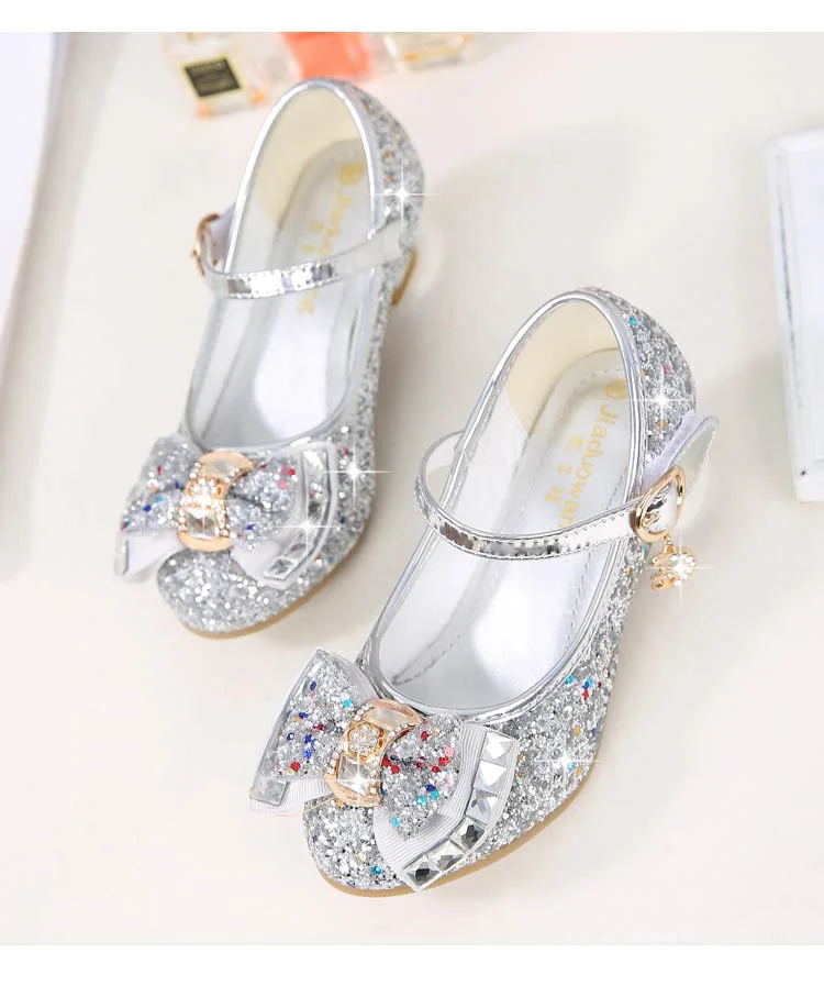 ULKNN Princess Kids Leather Shoes For Girls Flower Casual Glitter Children High Heel Girls Shoes Butterfly Knot Blue Pink Silver