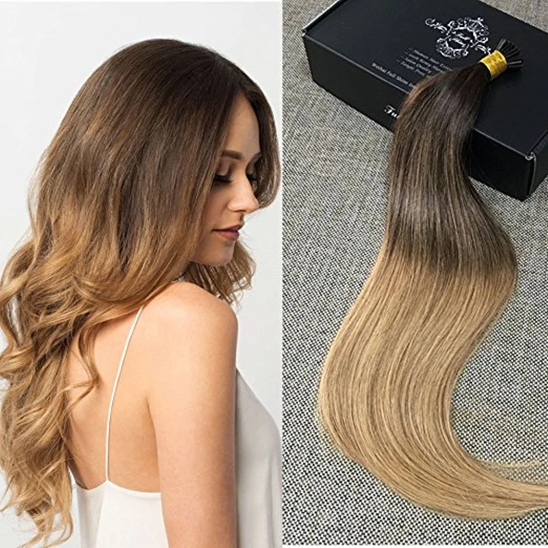 

Full Shine Stick Tip Hair Extensions Color 2 Ombre Color 12 Straight Real Human Hair Pre-Bonded Human Hair Extensions 50g