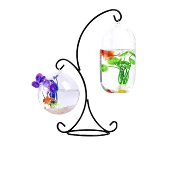 

Hanging Type Glass Vase Fish Tank Glass Aquarium Flower Plant Vase With R-Type Iron Frame Big Melon And 12cm Ball For Decor