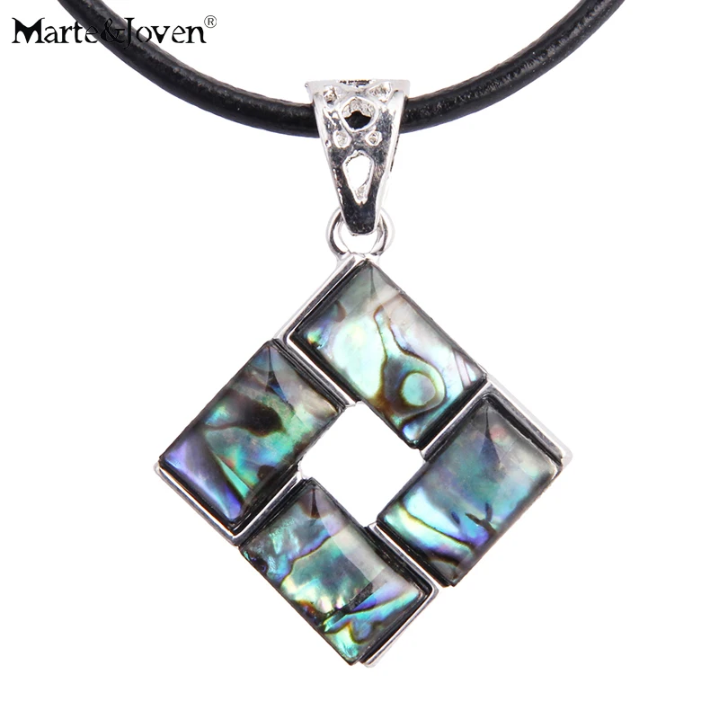 

Marte&Joven Abalone Square Silver Tone Pendant Necklace for Women with Black Leather Chain Popular Geometric Charm Jewelry Gifts