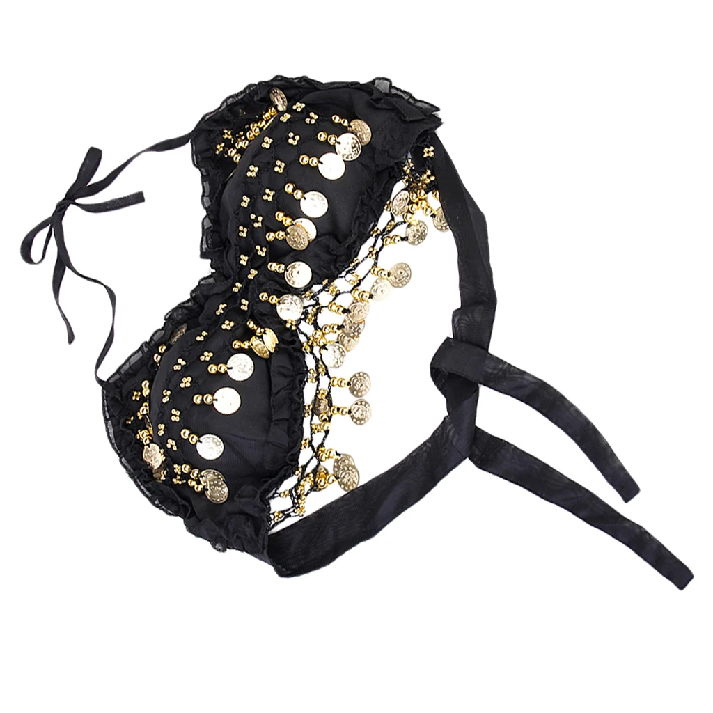 Fashionable Folded Lace Adorned Padded Back Lace Up Style Halter Bra Top Belly Dance Bra Top Costume Black