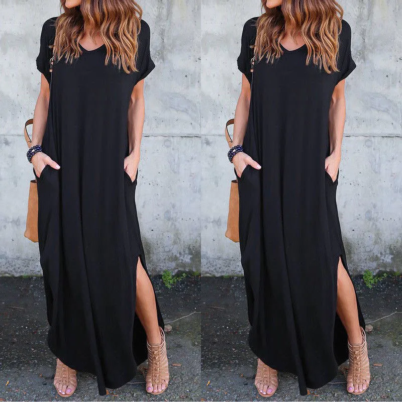 

Women Summer Clothes Short Sleeve Maxi Loose Casual Dress Split Evening Party Round Neck Solid Pullover Cotton Blend Plus Size