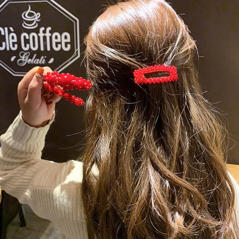 

Fashion Metal Hair Accessories Geometricr Red White Color Hair Clip For Women Imitiation Pearl Hairpin Barrettes Hairgrip