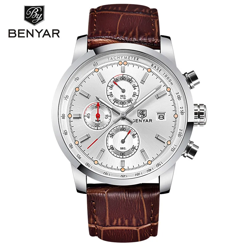 Мужские часы Reloj Hombre BENYAR брендовые модные спортивные Кварцевые водонепроницаемые наручные часы с хронографом мужские часы BY-5102M - Цвет: leather silver white