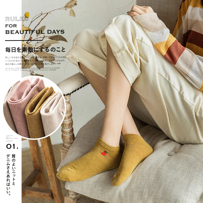 

Women Kawaii Embroidered Candy Colors Woman Socks Fashion Girls Cotton Ankle Sock 1 Pair