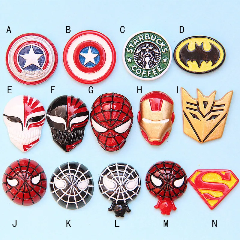 

10Pcs/lot Flat Back Resin Cabochon Cartoon Anime Super Hero Logo DIY Decorative Craft Embellishment Flatback Cabochons For Bows