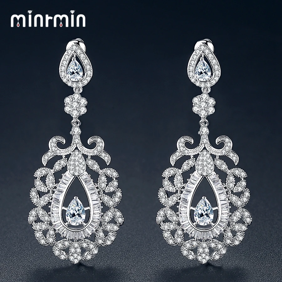 Minrmin Brand Design Clear CZ Flower Shape Drop Earrings Elegant Teardrop Large Dangle for Woman Bride Jewelry MEH1059 | Украшения и