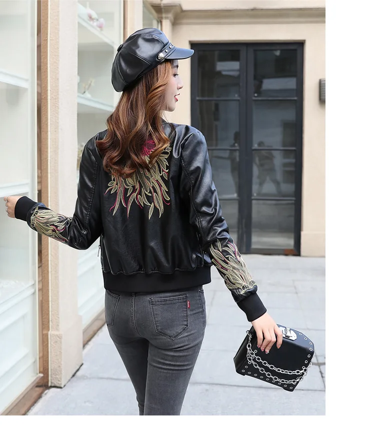 Moda mujer bordado clásico cuero femenino chamarra ropa béisbol estilos chaqueta de cuero mujeres cuello redondo AliExpress Ropa de