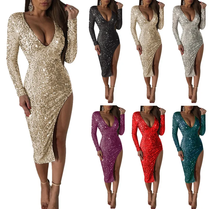

2019 women's dress sequined long-sleeved dress V-neck open split sexy dress