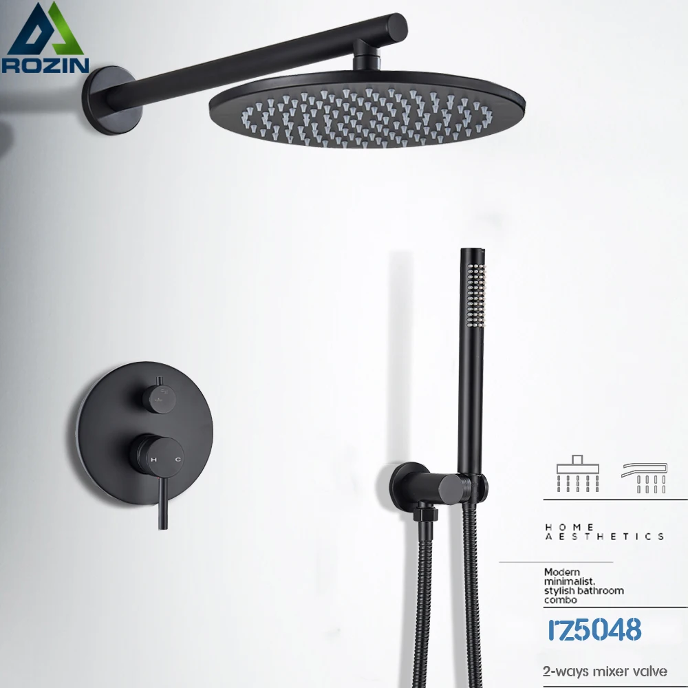 Matte Black Shower Faucet Brass Rainfall Concealed Shower Mixer Tap In-wall 8/10/12/16