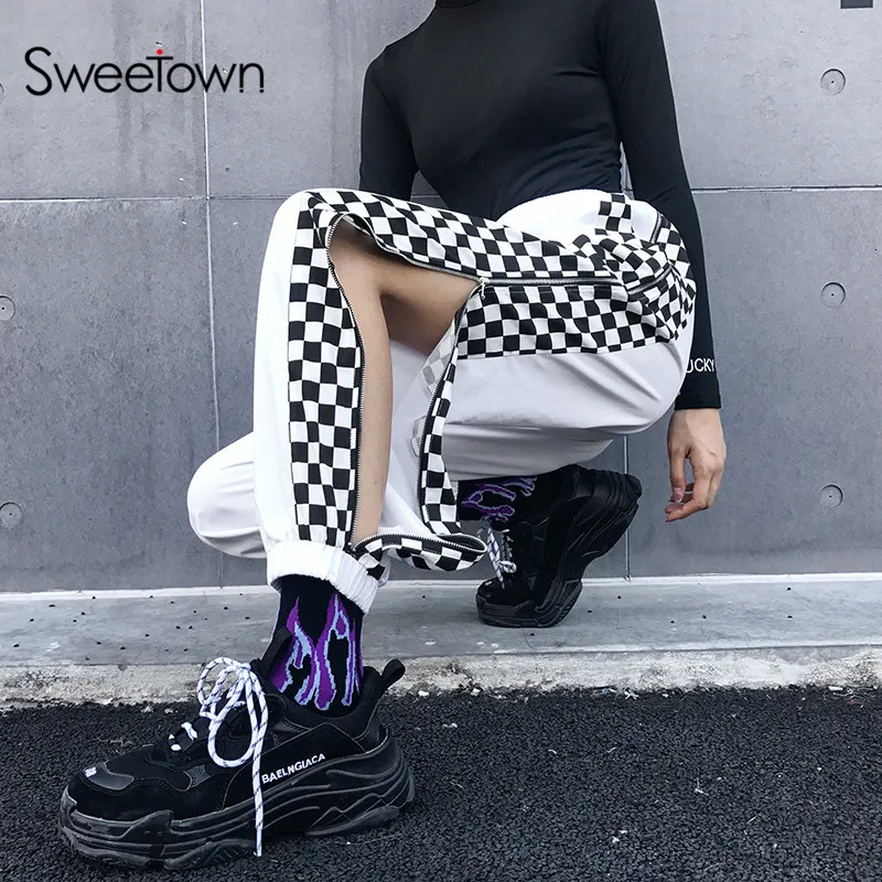 Женские клетчатые брюки Sweetown лоскутные на молнии летние трикотажные с высокой
