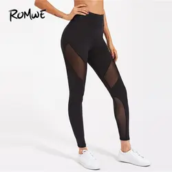 ROMWE Active Mesh panel Zip Detail леггинсы 2019 повседневные Черные контрастные сетчатые леггинсы для фитнеса Капри Сексуальная Спортивная одежда