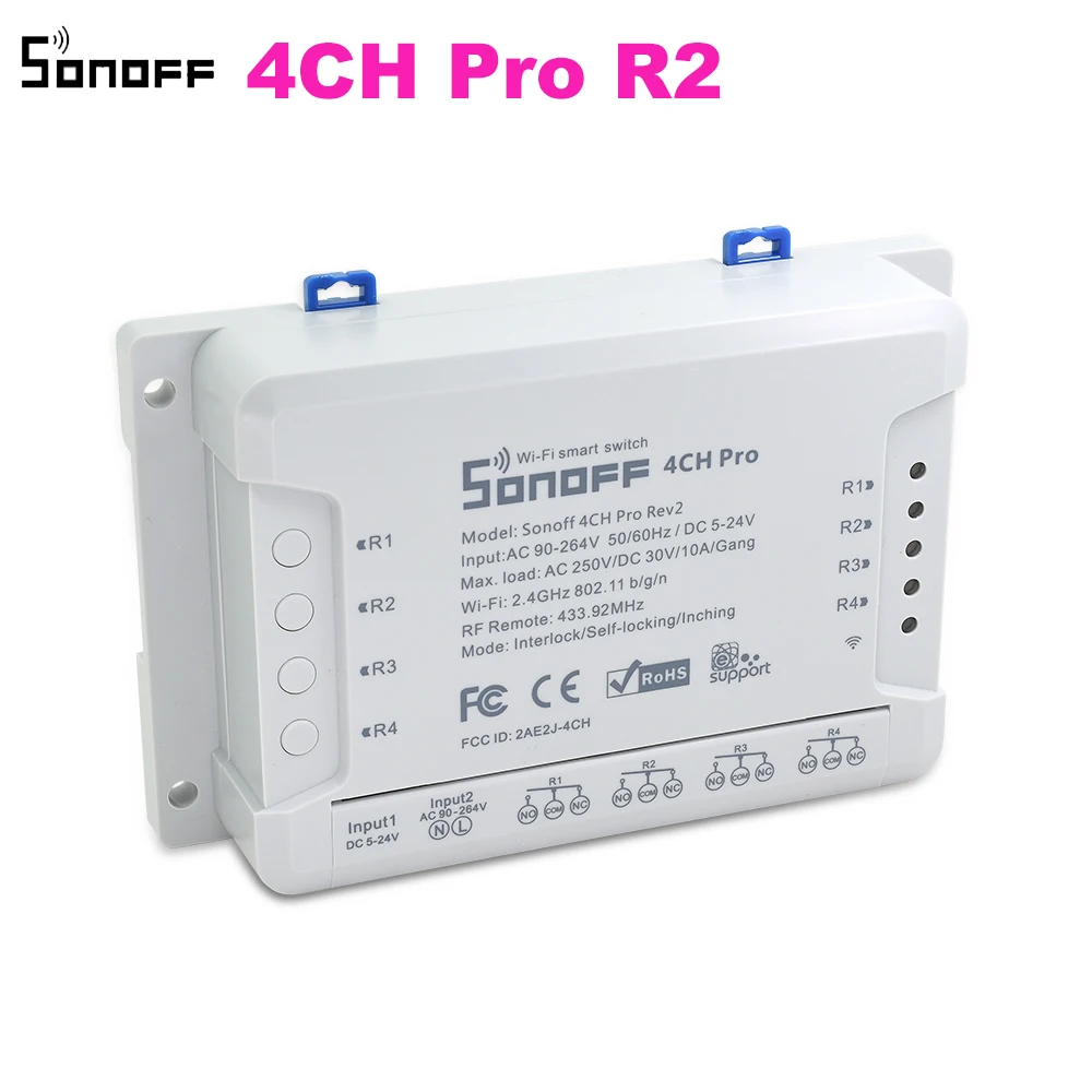 

Sonoff 4CH Pro R2 Smart Wifi Switch Home 433MHz RF Wifi Light Switch 4 Gang 3 Working Modes Inching Interlock With Alexa
